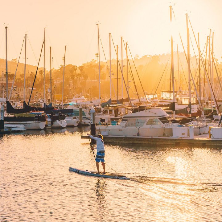 Guy paddle boarding down the marina during sunset, surrounded by docked boats