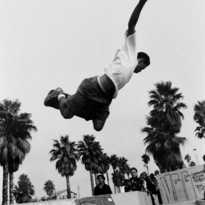 Black and white image of Josh “Bagel” Klassman skate boarding
