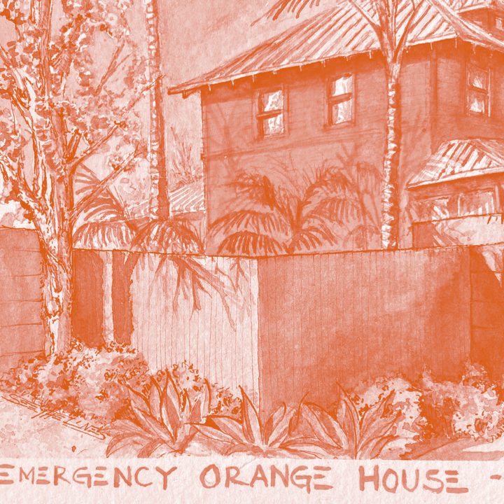 Sketch style portrait of emergency orange house by Alán Ramiro Manning in orange duotone