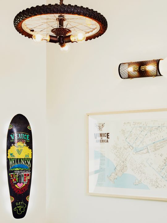 Detail shot of room decor such as skateboard wall art