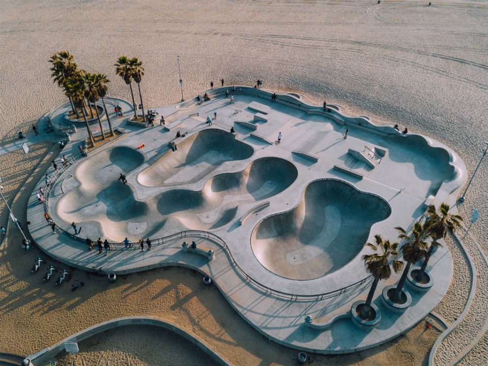 An aerial photograph of the skate park showcases its impressive features and layout.